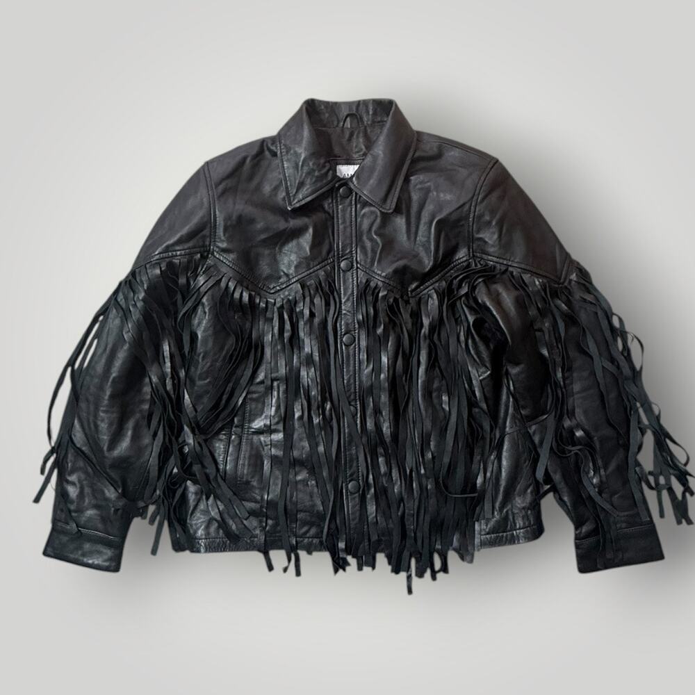 AMEN Collection Black 100% Sheep Leather Fringe Western Jacket Women’s L